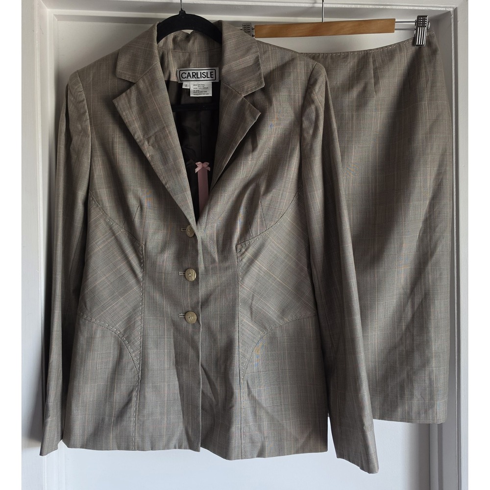 VTG Carlisle Skirt Suit 2 Brown Plaid Wool Silk Business Classic Set 90s Y2K